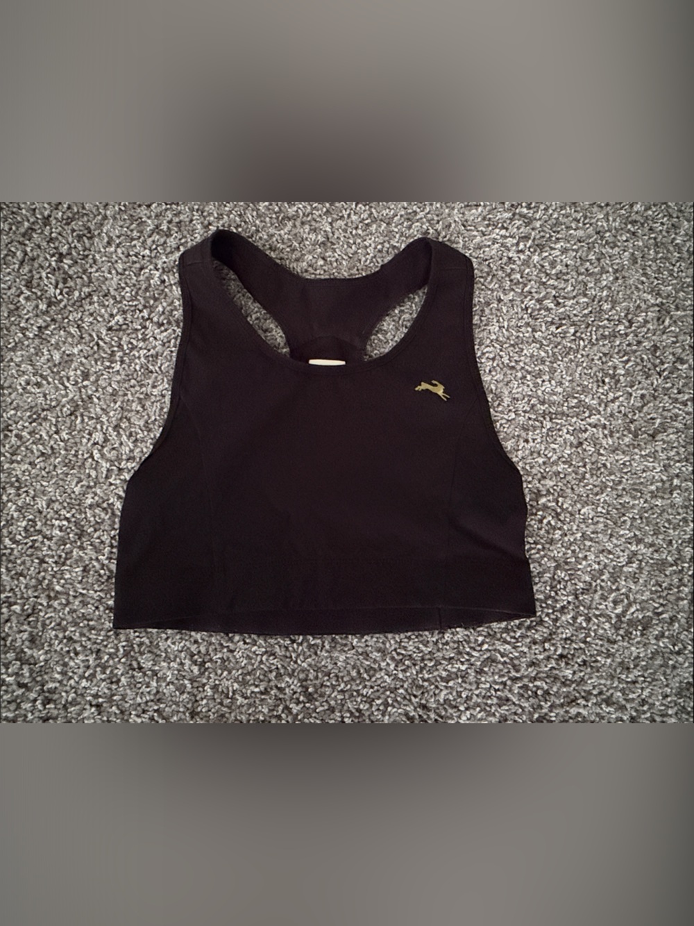 Tracksmith Black Racerback Sports Bra with Gold Pacer Logo